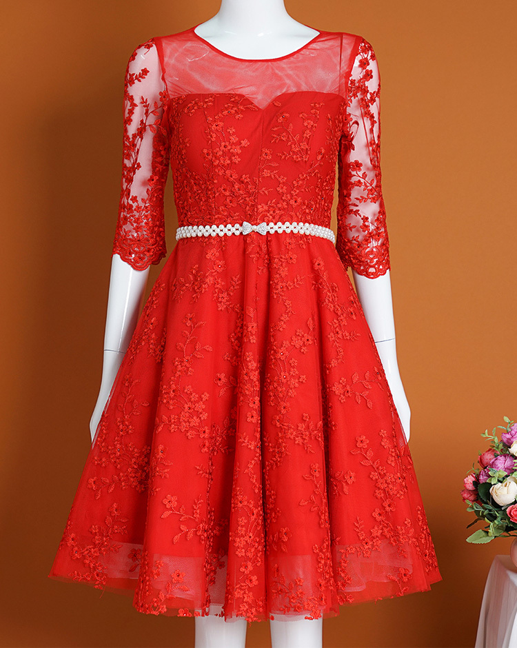 Đầm xòe tay lở phối lưới dự tiệc cưới sang trọng màu đỏ quyến rũ - đầm xòe trễ vai dễ thương