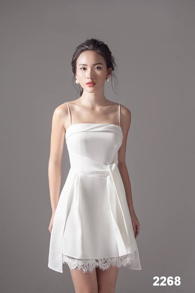Đầm ren 2 dây cổ v cao cấp màu trắng