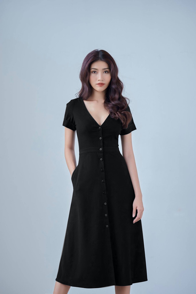Đầm Xòe Vintage Cổ Tim Đính Nút Màu Đen | Đầm Xòe Đẹp